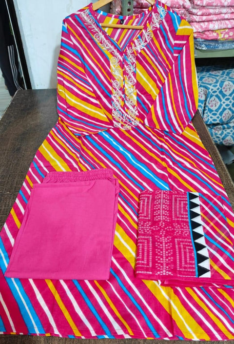 Floral Yoke Design Pleated Neck A-Line Kurti with Trousers & Dupatta