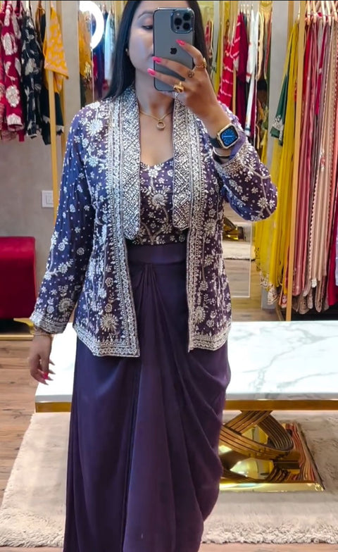 Trendy Indo-Western Ready-to-Wear Saree with Embroidered Koti & Stitch