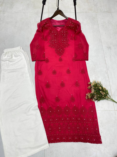 NEW FASHIONABLE CHIKANAKARI WORK KURTI AND PALAZZO SUIT