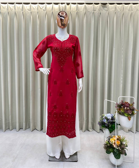 NEW FASHIONABLE CHIKANAKARI WORK KURTI AND PALAZZO SUIT