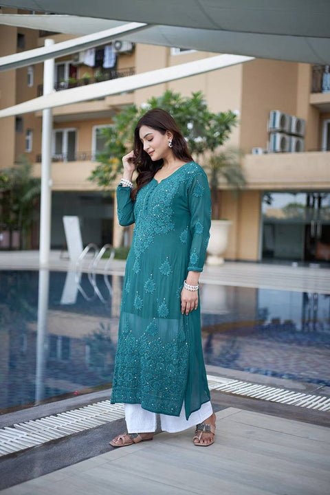 NEW FASHIONABLE CHIKANAKARI WORK KURTI AND PALAZZO SUIT