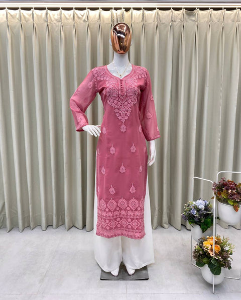 NEW FASHIONABLE CHIKANAKARI WORK KURTI AND PALAZZO SUIT
