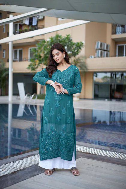 NEW FASHIONABLE CHIKANAKARI WORK KURTI AND PALAZZO SUIT