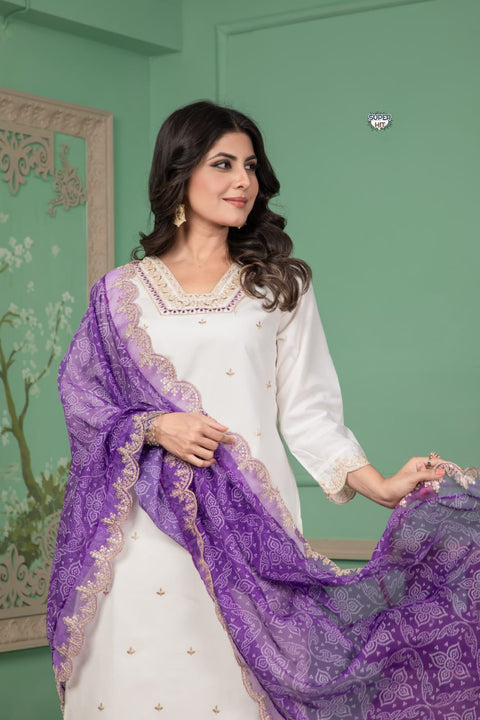 Embroidered Kurti Pant and Bandhani Print Embroidered Work Dupatta