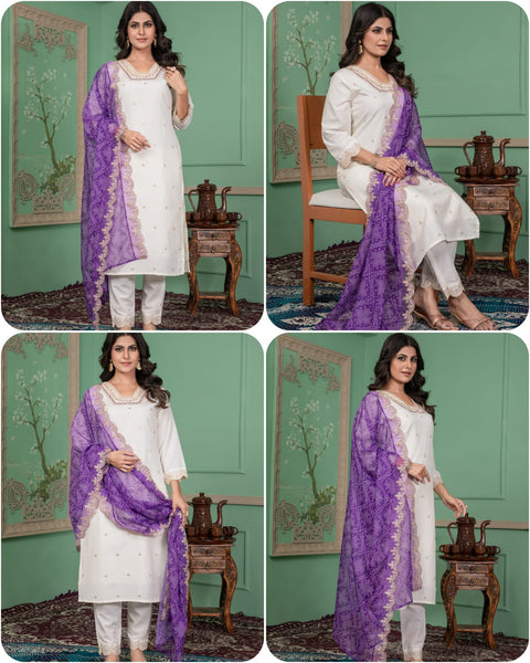 Embroidered Kurti Pant and Bandhani Print Embroidered Work Dupatta