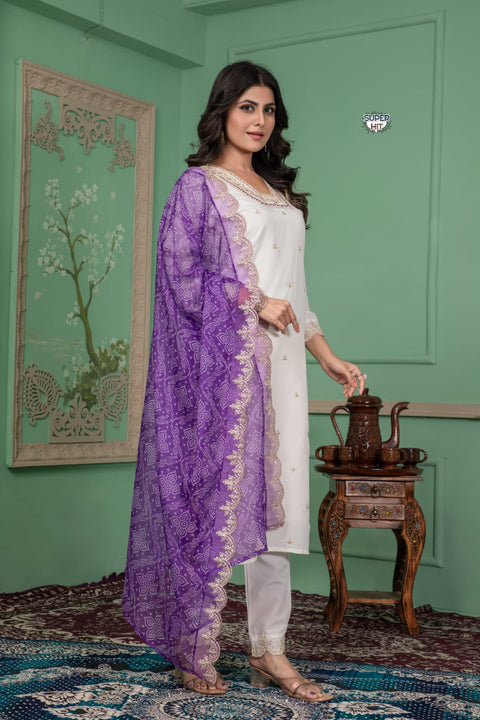 Embroidered Kurti Pant and Bandhani Print Embroidered Work Dupatta