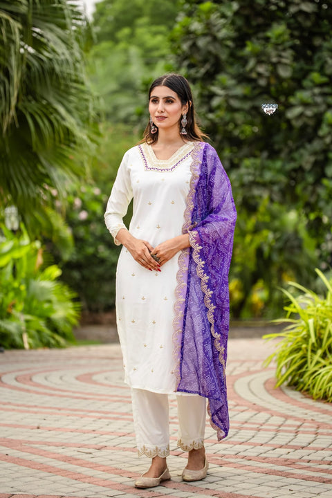 Embroidered Kurti Pant and Bandhani Print Embroidered Work Dupatta