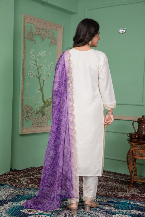 Embroidered Kurti Pant and Bandhani Print Embroidered Work Dupatta