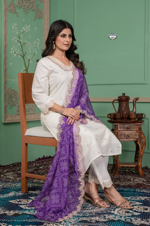 Embroidered Kurti Pant and Bandhani Print Embroidered Work Dupatta