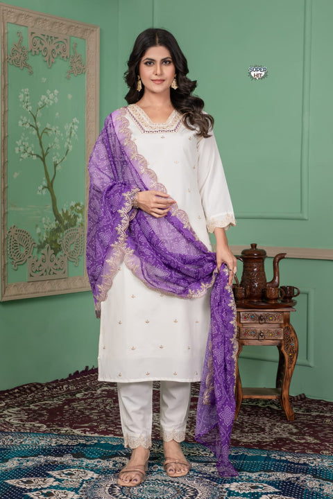 Embroidered Kurti Pant and Bandhani Print Embroidered Work Dupatta