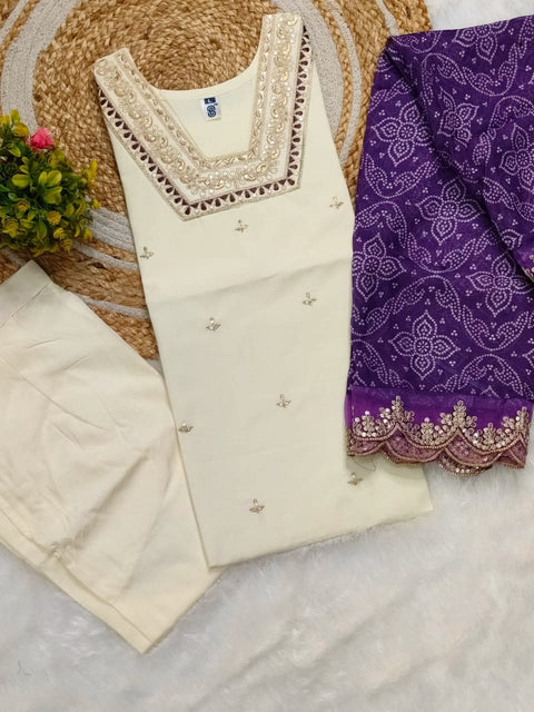 Embroidered Kurti Pant and Bandhani Print Embroidered Work Dupatta