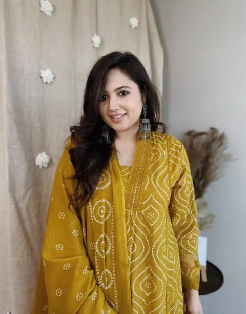 Cotton beautiful bandhej printed party wear Anarkali Kurti suit
