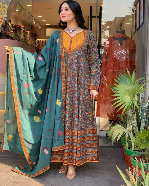 Rayon Slub Anarkali Printed Kurti with Palazzo & Dupatta