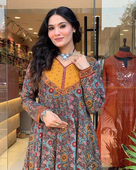 Rayon Slub Anarkali Printed Kurti with Palazzo & Dupatta