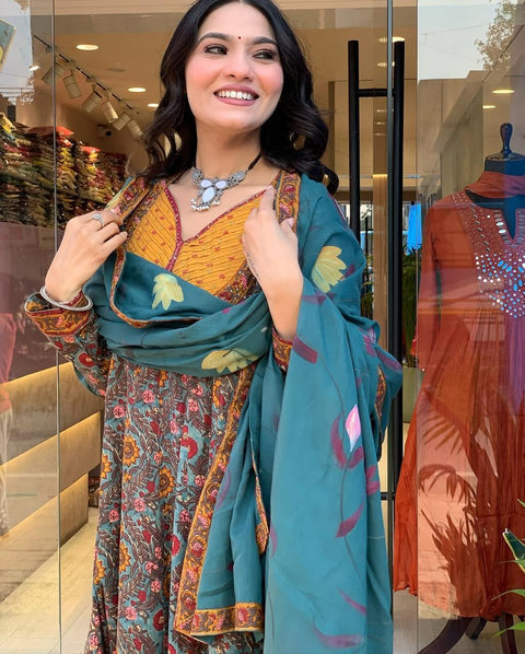 Rayon Slub Anarkali Printed Kurti with Palazzo & Dupatta