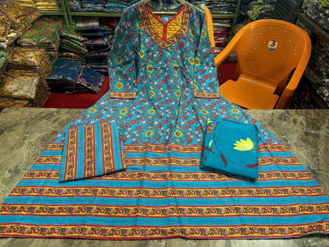 Rayon Slub Anarkali Printed Kurti with Palazzo & Dupatta