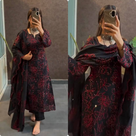 Floral Printed Neck Kurti With Trousers And Dupatta