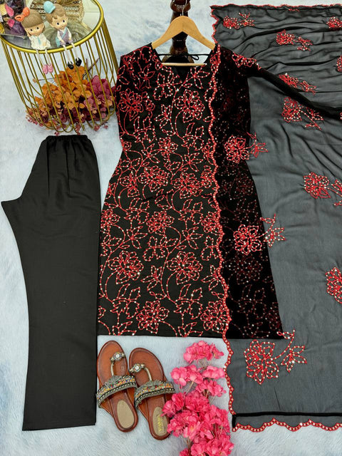 Floral Printed Neck Kurti With Trousers And Dupatta