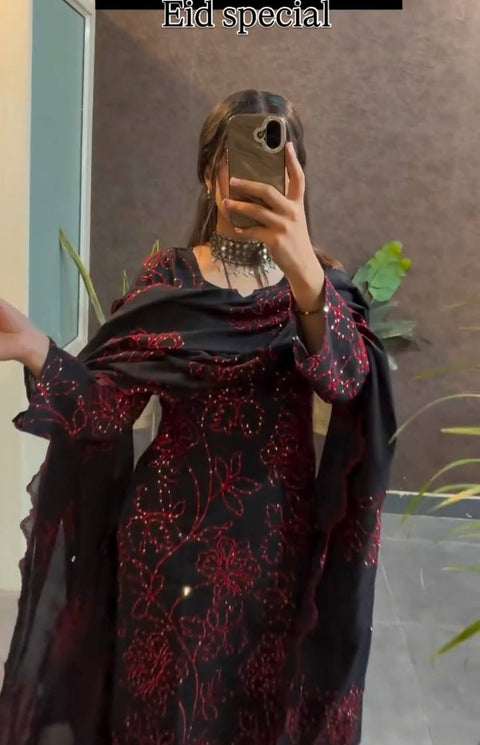 Floral Printed Neck Kurti With Trousers And Dupatta