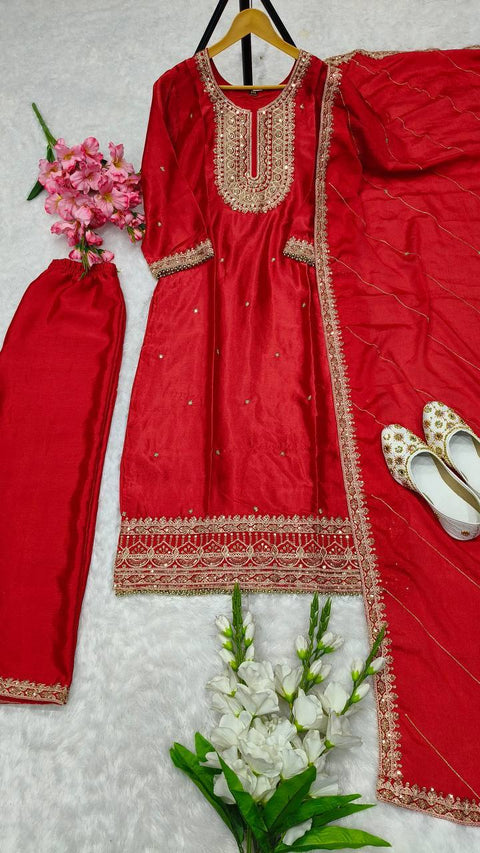 New Designer Party Wear Look Pure Chinnon Silk Stitched Suit