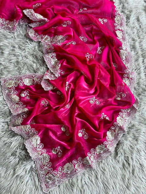Beautiful Embroidered Zari Work Saree with Sequins