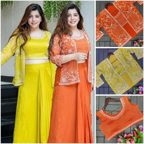 Embroidered Sleeveless Top & Palazzos With Shrug