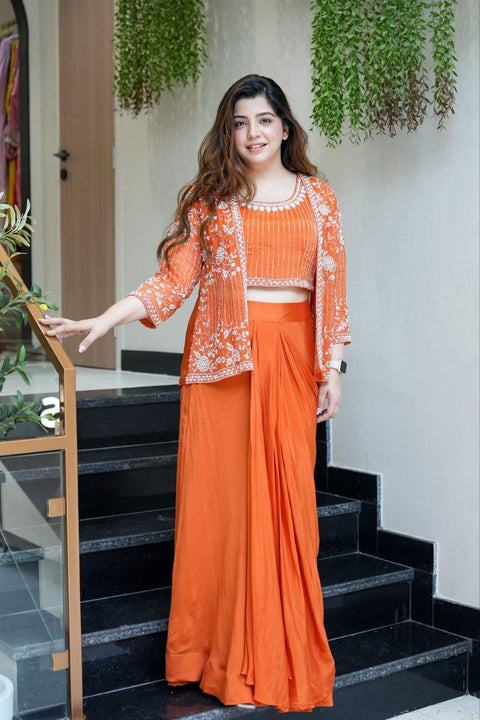 Embroidered Sleeveless Top & Palazzos With Shrug