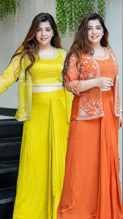 Embroidered Sleeveless Top & Palazzos With Shrug