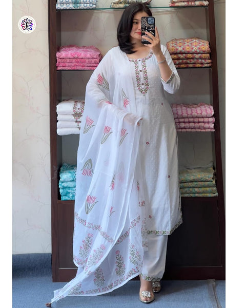 Faux Georgette With Heavy Embroidery Kurti With Palazzo and Dupatta