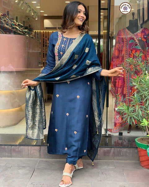 NEW EMBROIDERY A-LINE KURTI WITH DUPATTA AND BOTTOM WARE