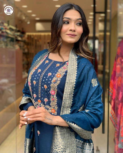 NEW EMBROIDERY A-LINE KURTI WITH DUPATTA AND BOTTOM WARE