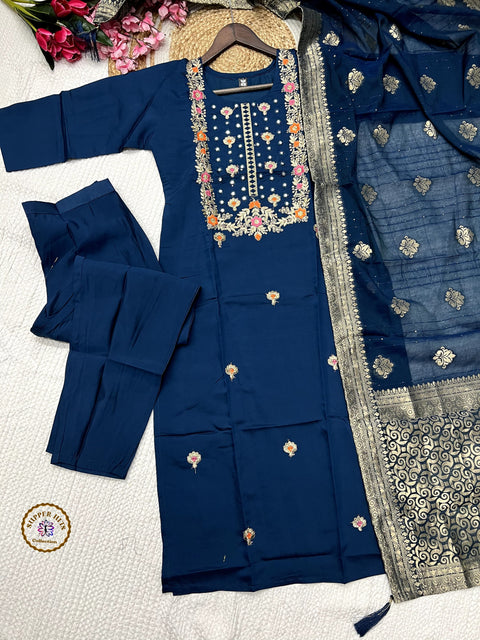NEW EMBROIDERY A-LINE KURTI WITH DUPATTA AND BOTTOM WARE