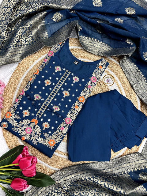 NEW EMBROIDERY A-LINE KURTI WITH DUPATTA AND BOTTOM WARE