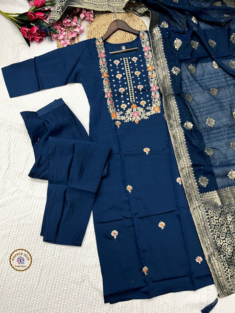 NEW EMBROIDERY A-LINE KURTI WITH DUPATTA AND BOTTOM WARE