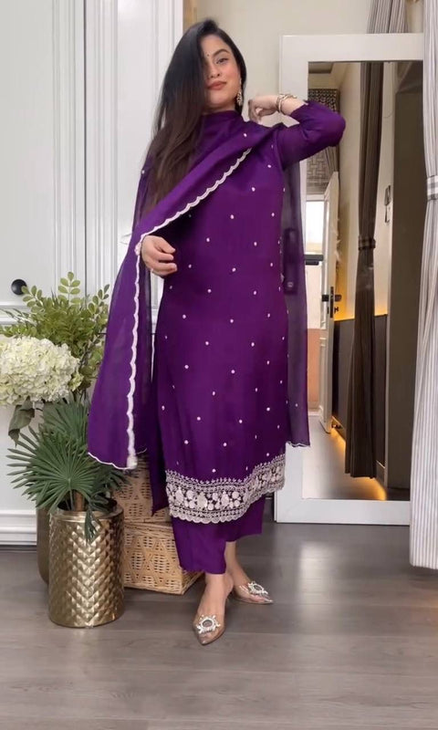 Violet Rayon Slub Embroidered Straight Kurta With Trouser & Dupatta,