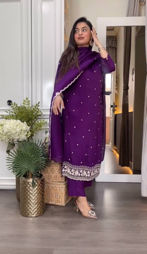Violet Rayon Slub Embroidered Straight Kurta With Trouser & Dupatta,