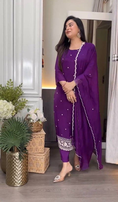 Violet Rayon Slub Embroidered Straight Kurta With Trouser & Dupatta,