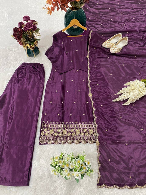 Violet Rayon Slub Embroidered Straight Kurta With Trouser & Dupatta,