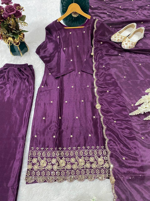 Violet Rayon Slub Embroidered Straight Kurta With Trouser & Dupatta,
