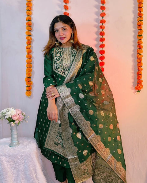 Fancy Women's Woven Design Banarasi Silk Kurti, Pant With Dupatta