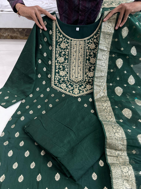 Fancy Women's Woven Design Banarasi Silk Kurti, Pant With Dupatta
