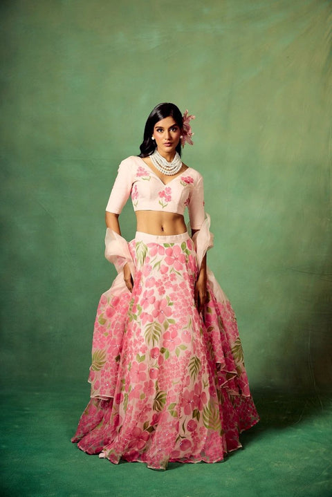 Organza Printed Floral Motifs Plunge V Neck Versailles Lehenga
