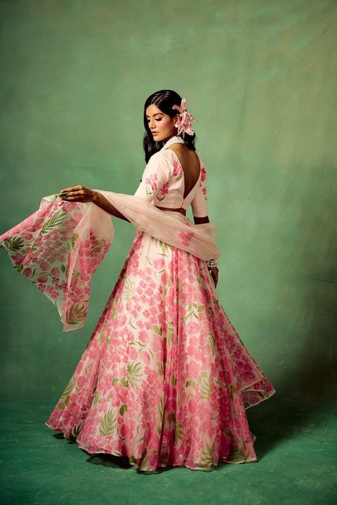 Organza Printed Floral Motifs Plunge V Neck Versailles Lehenga