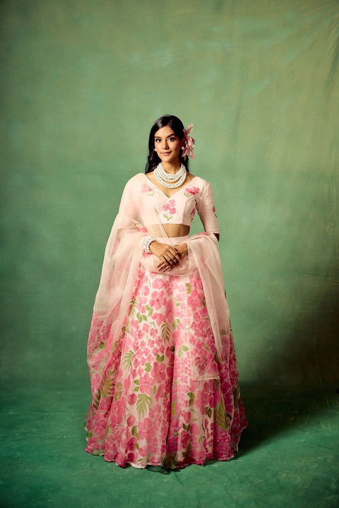 Organza Printed Floral Motifs Plunge V Neck Versailles Lehenga