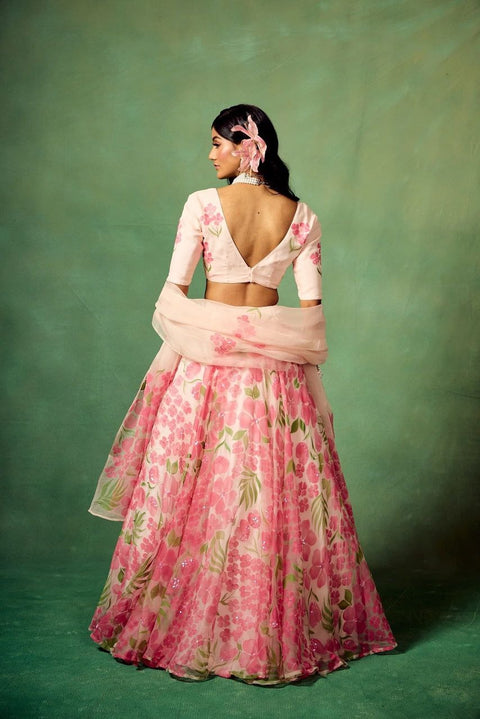 Organza Printed Floral Motifs Plunge V Neck Versailles Lehenga