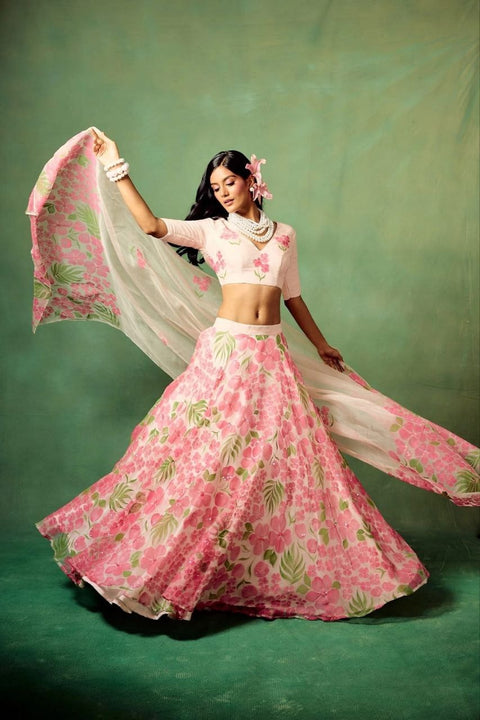 Organza Printed Floral Motifs Plunge V Neck Versailles Lehenga