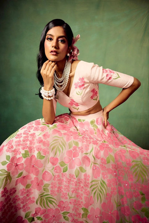 Organza Printed Floral Motifs Plunge V Neck Versailles Lehenga