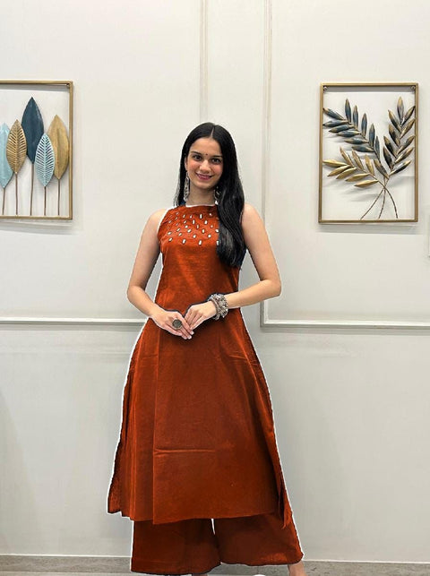 Beautiful Embroidery work Sleeveless Aline Kurti Palazzo suit