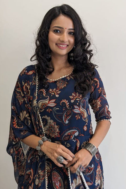 Navy blue printed A-line kurta with dupatta