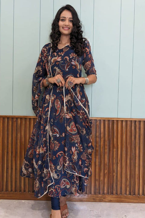 Navy blue printed A-line kurta with dupatta
